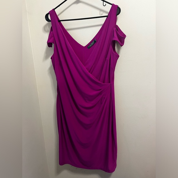 Lauren Ralph Lauren Purple Ruched Cocktail Women's Dress Size 14 Cutout Shoulder - Picture 2 of 9